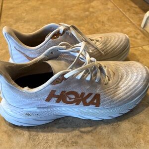 Hoka Cream and Gold Athletic Shoes